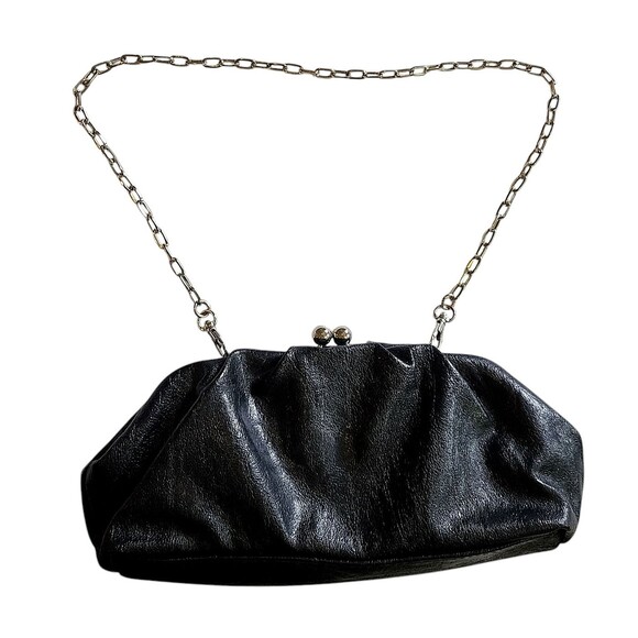 Vintage Nine West Black Leather Faux Diamond Kiss Lock Clutch Bag w/ Strap - Picture 1 of 12
